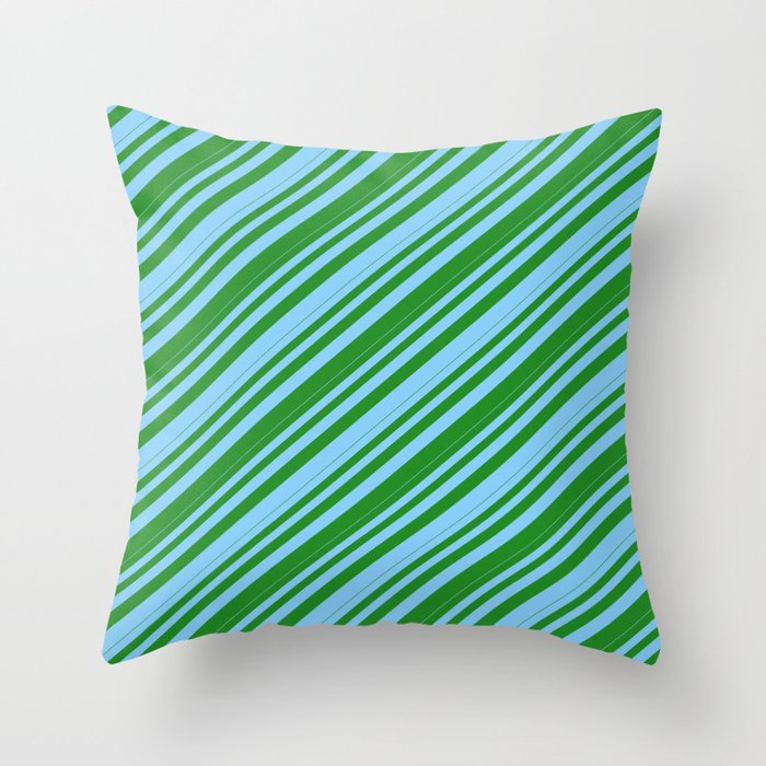 Light Sky Blue and Forest Green Colored Lines/Stripes Pattern Throw Pillow
