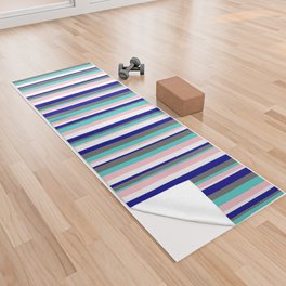 [ Thumbnail: Eye-catching Dark Blue, Dim Gray, Turquoise, Pink, and White Colored Lined/Striped Pattern Yoga Towel ]