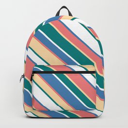 [ Thumbnail: Light Coral, Tan, Teal, White & Blue Colored Striped/Lined Pattern Backpack ]