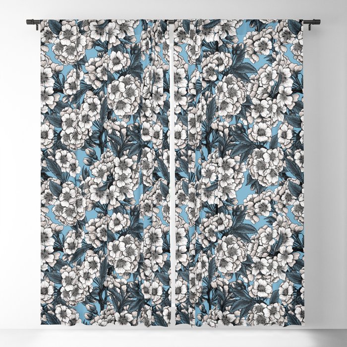 Cherry blossom in white and blue Blackout Curtain