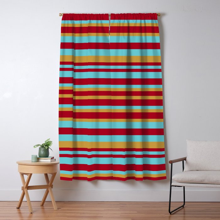 Golden Red Wine And Turquoise Vintage Stripes Blackout Curtain By