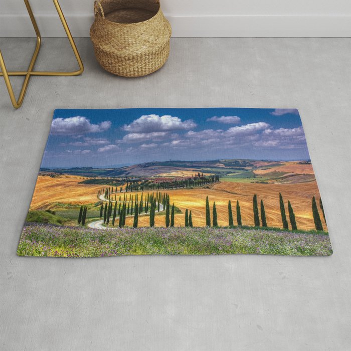 Cypress trees and meadow with typical tuscan house Rug