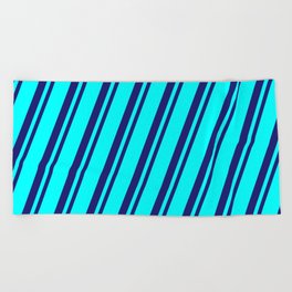 [ Thumbnail: Cyan & Midnight Blue Colored Striped/Lined Pattern Beach Towel ]