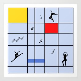 Dancing like Piet Mondrian - Composition with Red, Yellow, and Blue on the light blue background Art Print