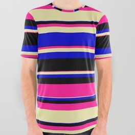 [ Thumbnail: Deep Pink, Pale Goldenrod, Blue, and Black Colored Striped/Lined Pattern All Over Graphic Tee ]