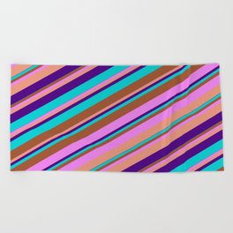 [ Thumbnail: Eye-catching Sienna, Violet, Dark Salmon, Indigo, and Dark Turquoise Colored Lined Pattern Beach Towel ]