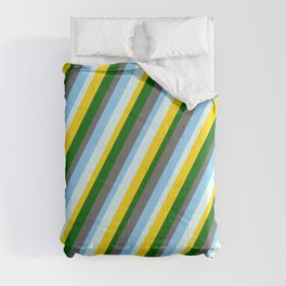 [ Thumbnail: Colorful Dark Green, Dim Gray, Light Sky Blue, Light Cyan, and Yellow Colored Pattern of Stripes Comforter ]