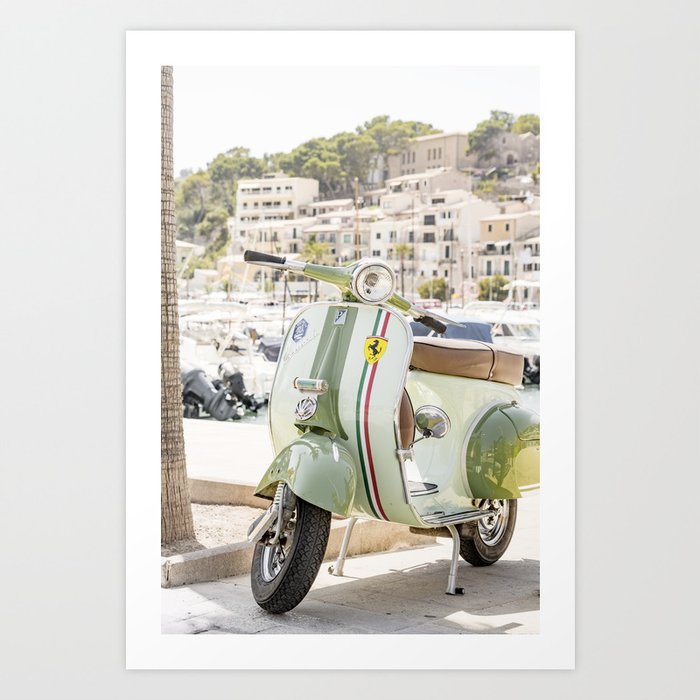 Vespa scooter in the port of Port de Sóller, Mallorca Art Print