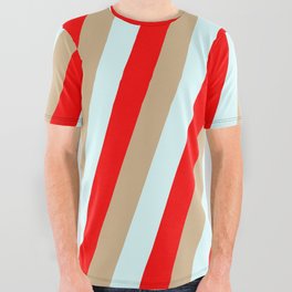 [ Thumbnail: Tan, Light Cyan, and Red Colored Stripes Pattern All Over Graphic Tee ]