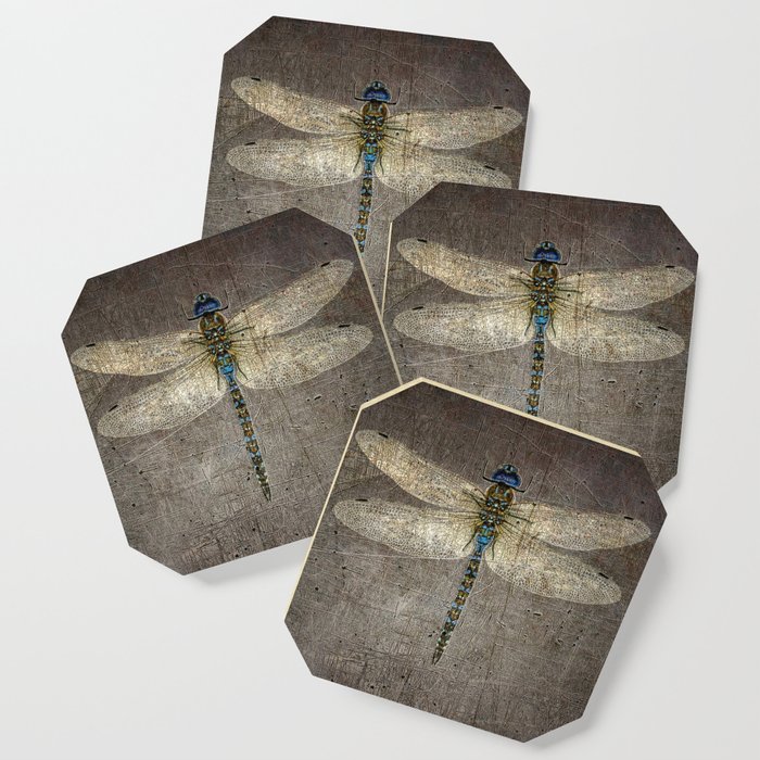 Dragonfly On Distressed Metallic Grey Background Coaster