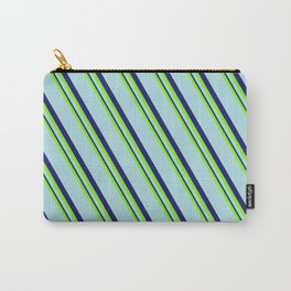[ Thumbnail: Green, Powder Blue, and Midnight Blue Colored Pattern of Stripes Carry-All Pouch ]