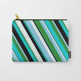 [ Thumbnail: Eye-catching Mint Cream, Sky Blue, Forest Green, Dark Turquoise & Black Colored Pattern of Stripes Carry-All Pouch ]