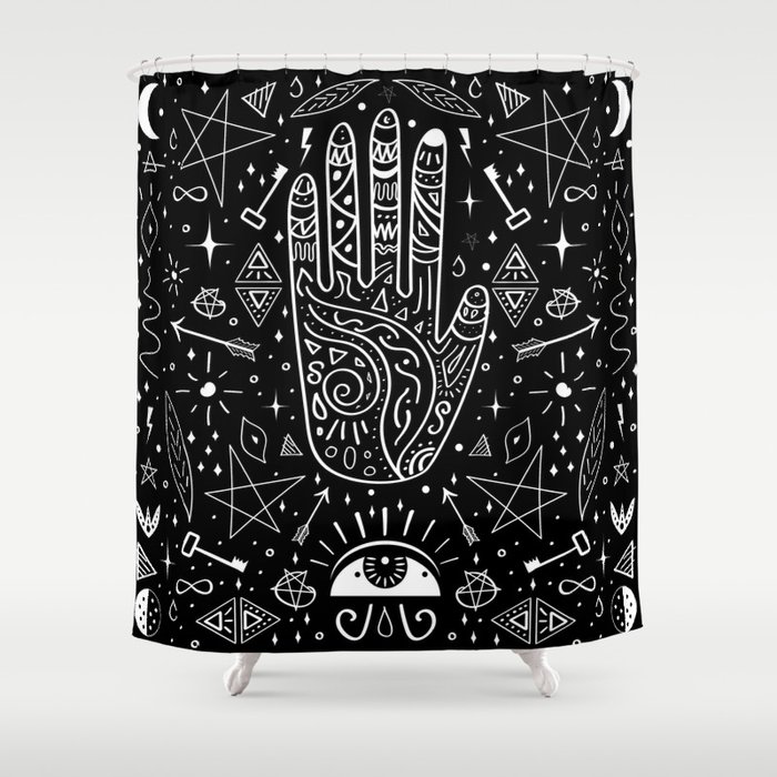 Black background occult pattern with mystical chalk signs Shower Curtain