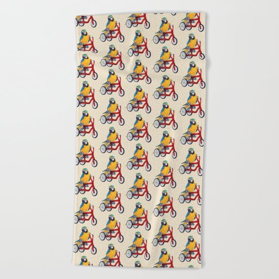 Parrot macaw on red bike Beach Towel