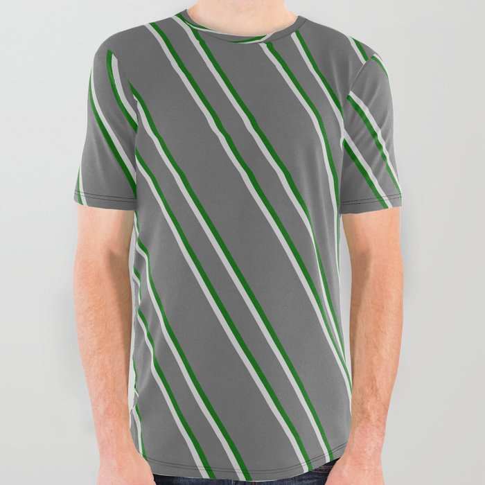Dim Grey, Dark Green, and Light Grey Colored Stripes Pattern All Over Graphic Tee