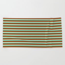 [ Thumbnail: Aquamarine, Brown & Beige Colored Striped/Lined Pattern Beach Towel ]