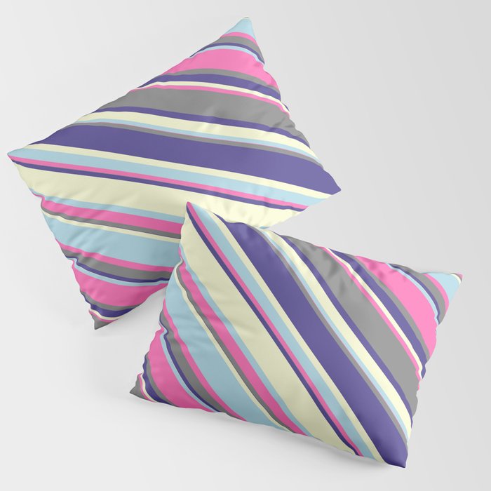 Colorful Hot Pink, Gray, Dark Slate Blue, Light Yellow, and Light Blue Colored Stripes/Lines Pattern Pillow Sham