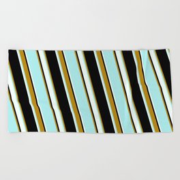 [ Thumbnail: Black, Dark Goldenrod, Turquoise & Mint Cream Colored Lined Pattern Beach Towel ]