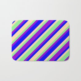 [ Thumbnail: Light Green, Dark Violet, Blue & Tan Colored Lines Pattern Bath Mat ]
