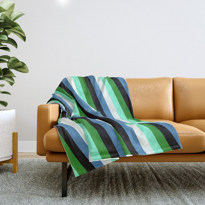 Colorful Forest Green, Aquamarine, Mint Cream, Blue & Black Colored Stripes Pattern Throw Blanket