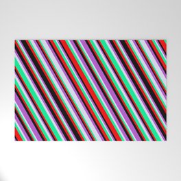 [ Thumbnail: Lavender, Green, Red, Black & Orchid Colored Lines/Stripes Pattern Welcome Mat ]