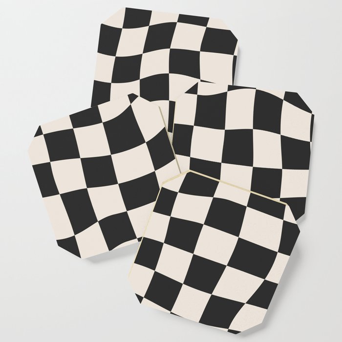 Black and White Wavy Checkered Pattern Coaster