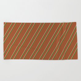 [ Thumbnail: Sienna, Light Coral & Forest Green Colored Stripes Pattern Beach Towel ]
