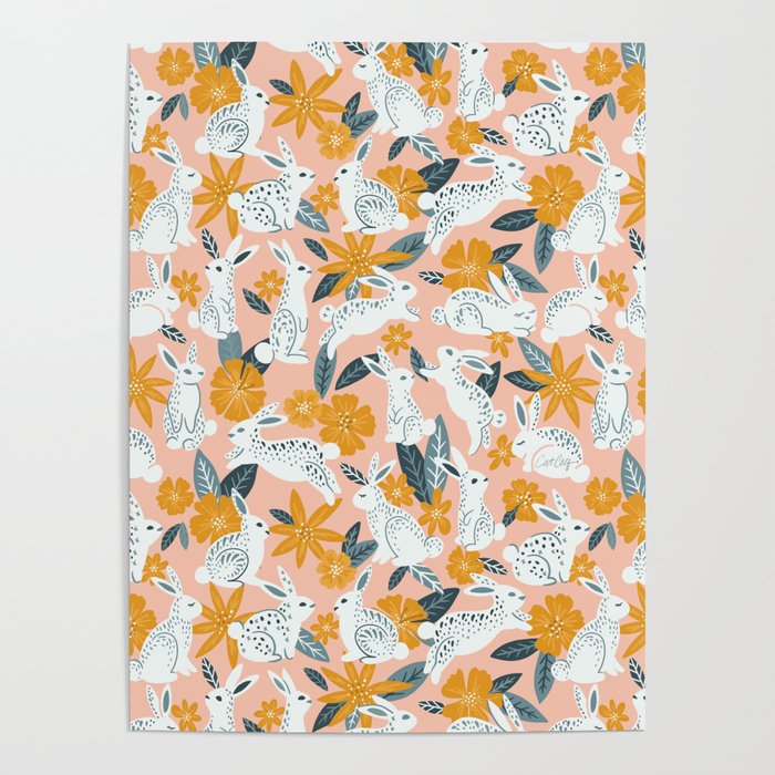 Bunnies & Blooms – Teal & Blush Poster