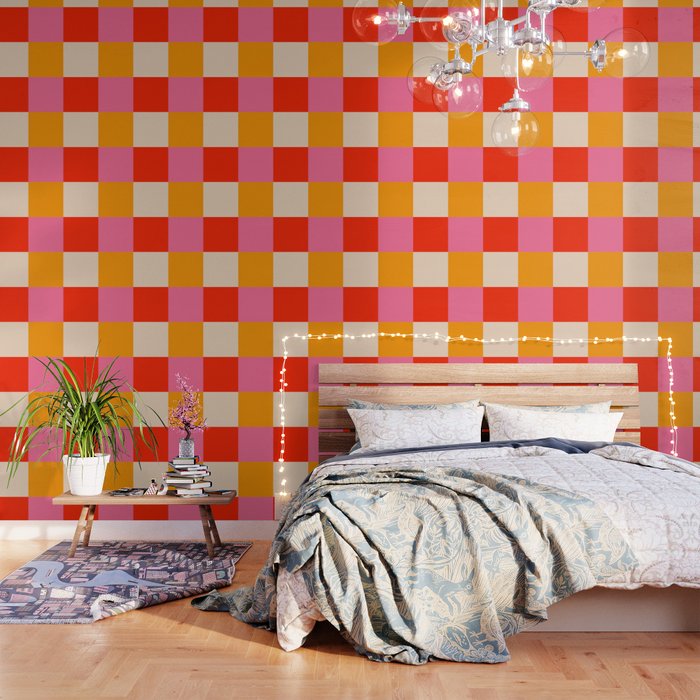 Gingham Abstract Retro 70s Checkered Pattern Wallpaper