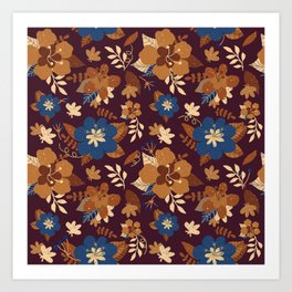 Hand-drawn floral pattern in retro orange and dark red colors Art Print