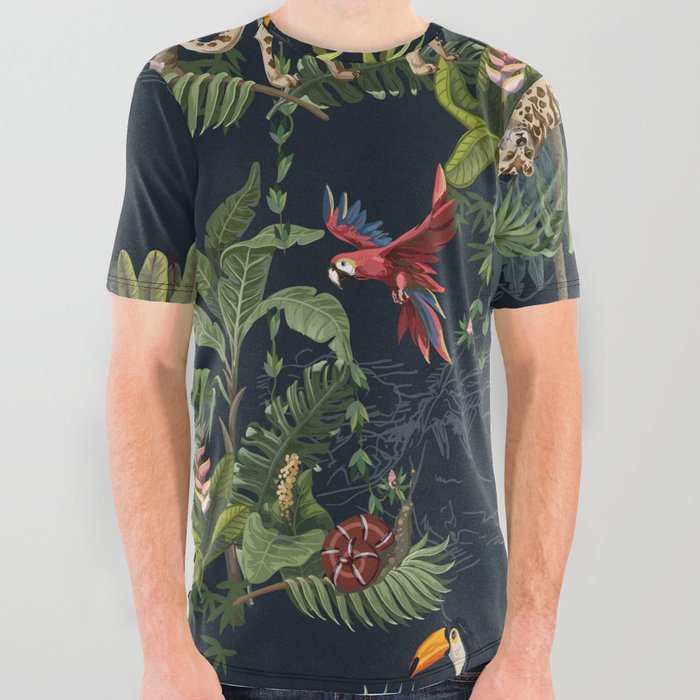 Seamless pattern with jungle animals, flowers and trees.  All Over Graphic Tee