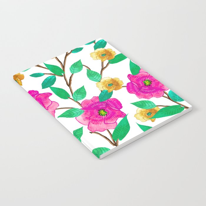 Floral Forever, Colorful Summer Garden Botanical Illustration, Pink Boho Vibrant Painting Notebook