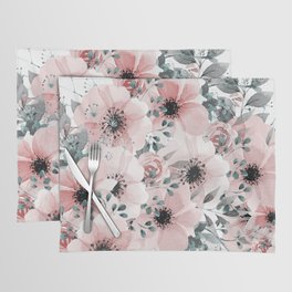 Flower Watercolor, Blush Pink and Gray, Floral Prints Placemat