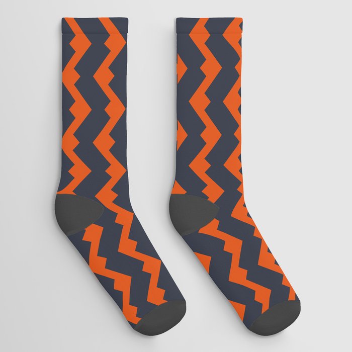 Burnt Orange And Deep Cobalt Blue zigzag chevron Geometrical Pattern  Socks