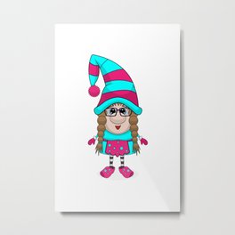 Bespeckled Woman Gnome Metal Print | Hat, Female, Apron, Stockinghat, Gloves, Braids, Woman, Pink, Christmas, Gnome 