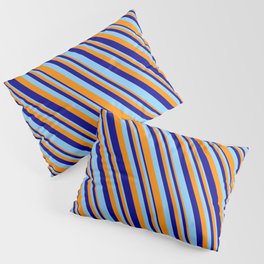 [ Thumbnail: Dark Orange, Dark Blue & Light Sky Blue Colored Lines/Stripes Pattern Pillow Sham ]