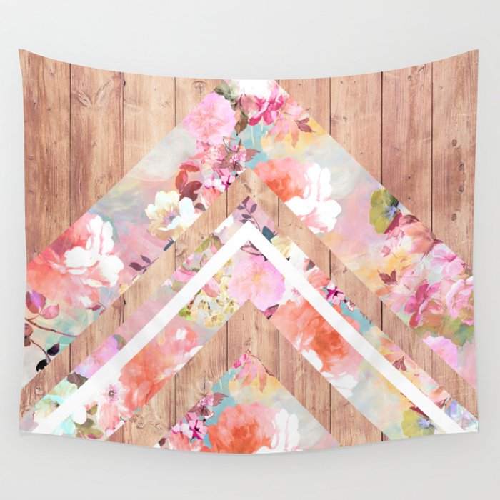 Vintage floral watercolor rustic brown wood geometric triangles Wall Tapestry