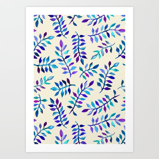 Hand Painted Purple & Aqua Leaf Pattern on Cream Art Print
