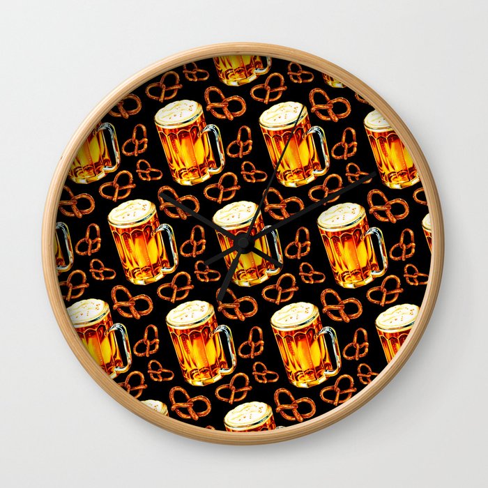 Beer & Pretzel Pattern - Black Wall Clock