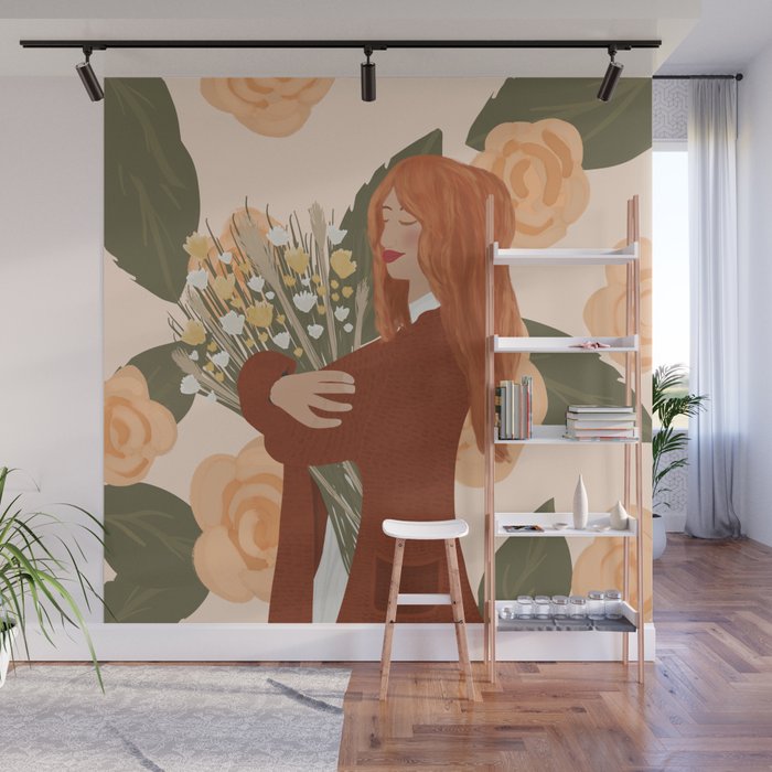 Girl With Wild Flower Bouquet  Wall Mural