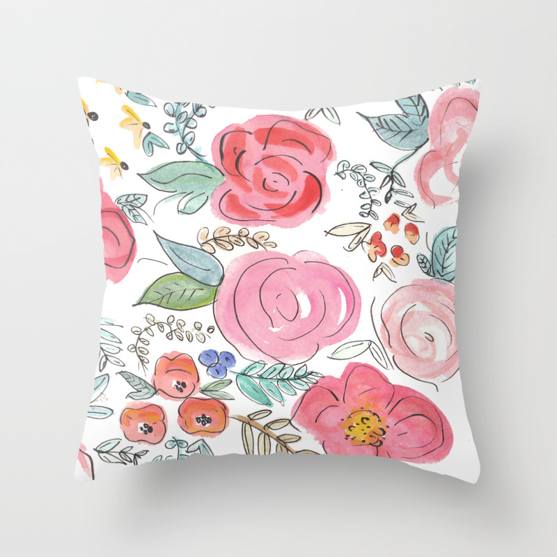 Watercolor Floral Print Throw Pillow by 
