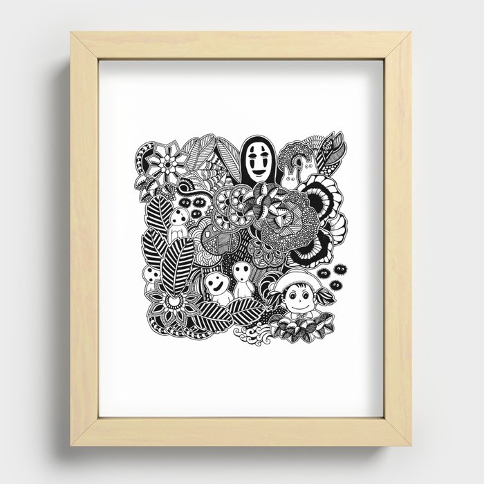 Ghibli  inspired black and white doodle art Recessed Framed Print