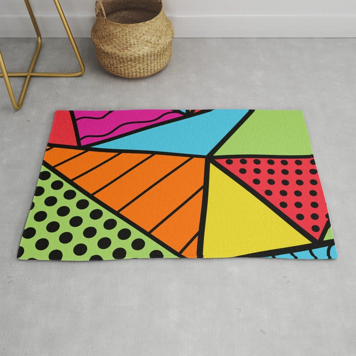 90s Geometric Fashion Pattern Background Triangle Polka Dots Bright Colors Wavy Lines and Neons Rug