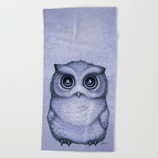 "The Little Owl" by Amber Marine ~ (Lavender Flower Version) Graphite & Ink Illustration, (c) 2016 Beach Towel