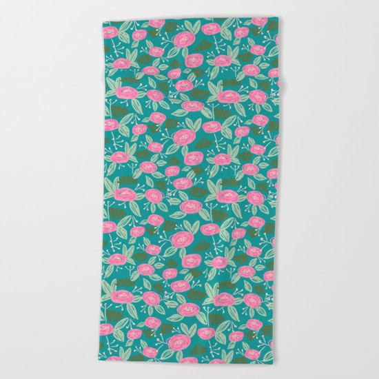 Turquoise blossom blooms painting abstract pattern garden gardener plants summer spring bright Beach Towel