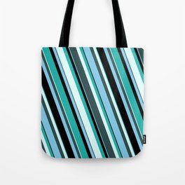 [ Thumbnail: Light Sea Green, Light Cyan, Dark Slate Gray, Sky Blue, and Black Colored Striped/Lined Pattern Tote Bag ]
