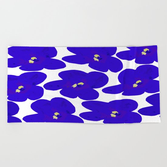Blue Retro Flowers Beach Towel