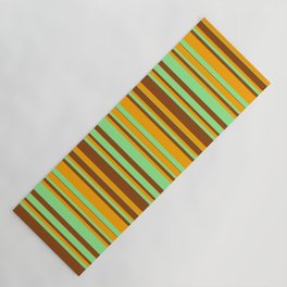 [ Thumbnail: Brown, Light Green, and Orange Colored Striped Pattern Yoga Mat ]