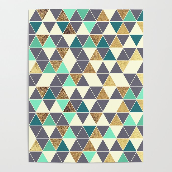 Modern Gray White Teal and Faux Gold Triangles Poster