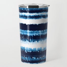 Watercolor Tiedye Ombre Indigo Shibori Stripes. Summer Ocean Blue or Navy Nautical Boy Theme Travel Mug